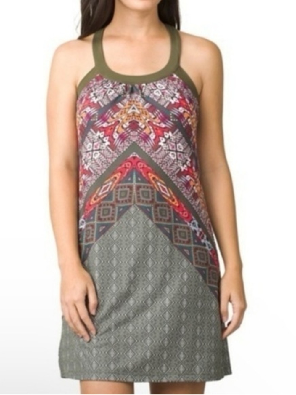 Prana Olive Athletic Tank with Printed Trim